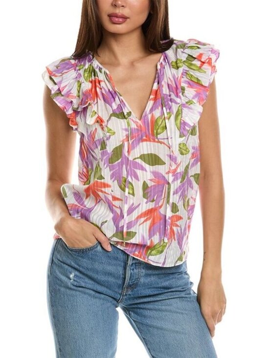 Ramy Brook Tops - Ramy Brooks Orla Floral Top Large Multicolor Ruffle Sleeveless Blouse Cotton